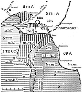 Схема 2. Боевые действия 10-15.07.1943 г. в районе Прохоровки танковых дивизий 2 ТК СС «Лейбштандарт СС «Адольф Гитлер» («АГ»), «Дас Райх» («ДР») и «Мертвая голова» («МГ»).